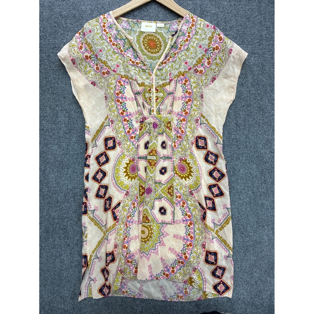 Maeve Anthropologie SILK Boho Geometric Medallion Mini Dress XS Cap Sleeve